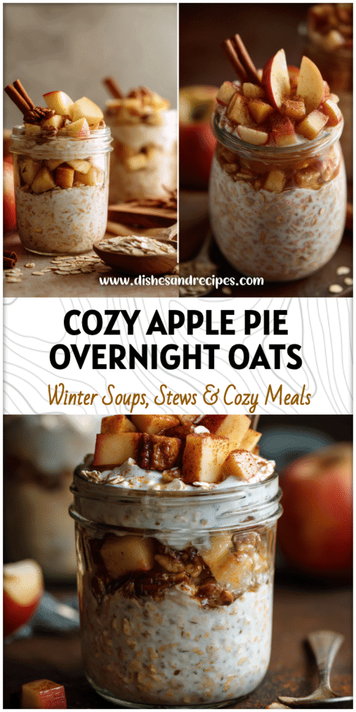 A jar of Apple Pie Overnight Oats layered with cinnamon apples and rolled oats for a cozy fall breakfast.